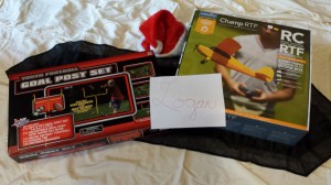 Santa sent Logan this picture of his gifts waiting for him at home.