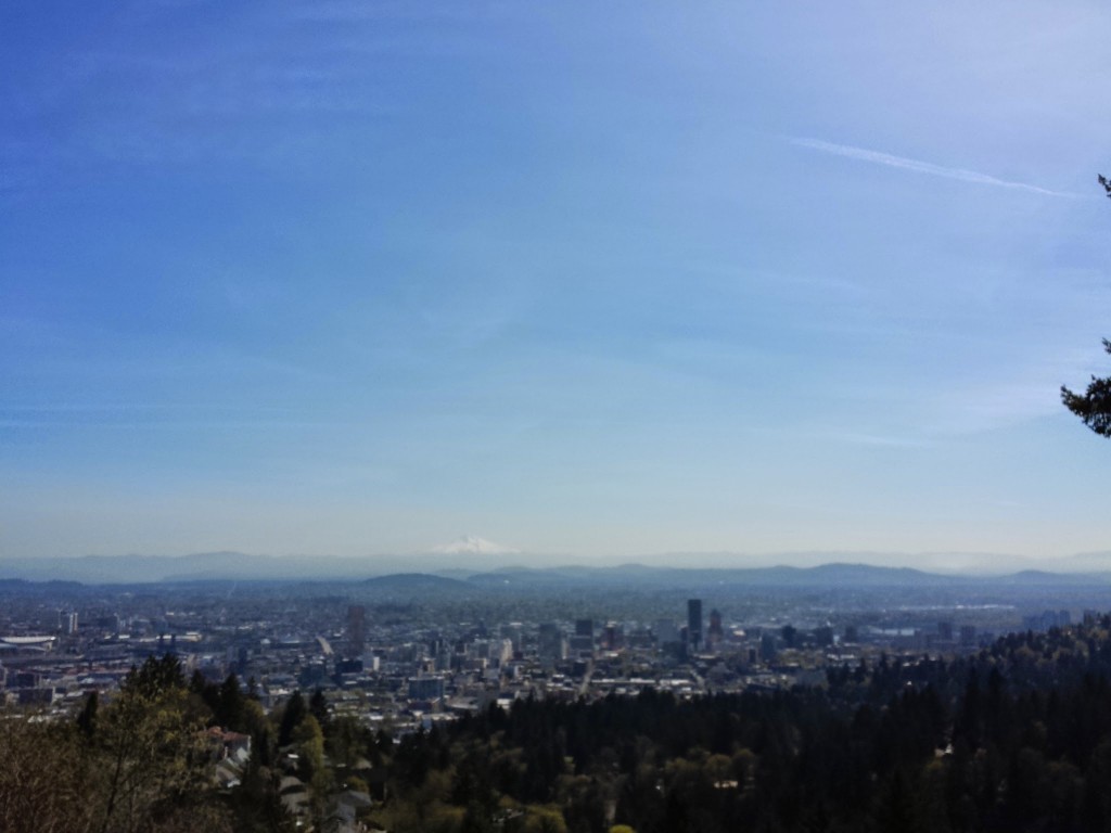 The view of Portland from the yard at Pittock Mansion. If you look carefully in the distance you can spot Mount Hood.