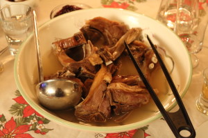 Pinnekjott is lamb that's been dried and cured. Before it's cooked, it must soak in water for about 30 hours. 