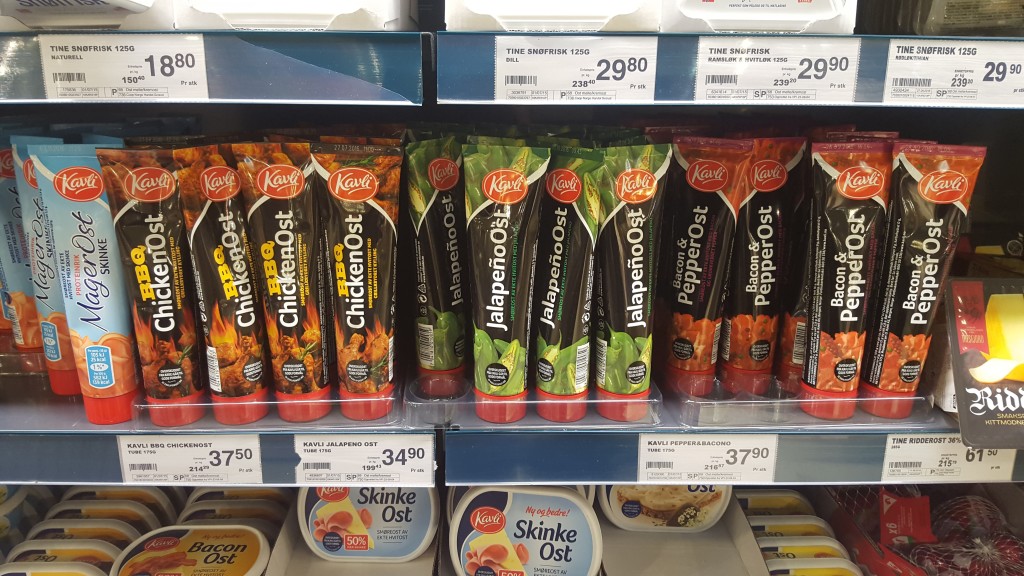 Food in toothpaste-like tubes is common in Norway. Here's cheese and bacon pate, cheese and BBQ chicken, and then cheese and jalapenos.